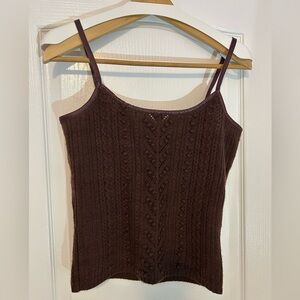 Elegant Brown Knit Camisole Top with leather trim and straps, size L/ runs S